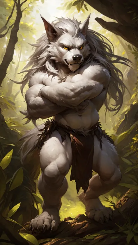 ultra-detailed, masterpiece, masterwork, high quality, best quality, hdr, posted on e621, (by darkgem), (nature), nsfw, male, solo, chibi, (little body werewolf), werewolf, (long silver hair, yellow eyes, white body, cross your arms), standing, dynamic ang...