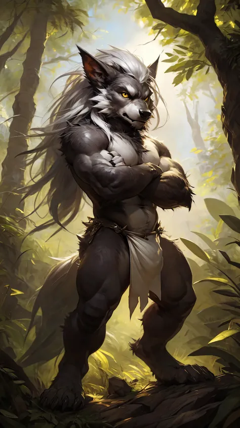 ultra-detailed, masterpiece, masterwork, high quality, best quality, hdr, posted on e621, (by darkgem), (nature), nsfw, male, solo, chibi, (little body werewolf), werewolf, (long silver hair, yellow eyes, white body cross your arms), standing, dynamic angl...