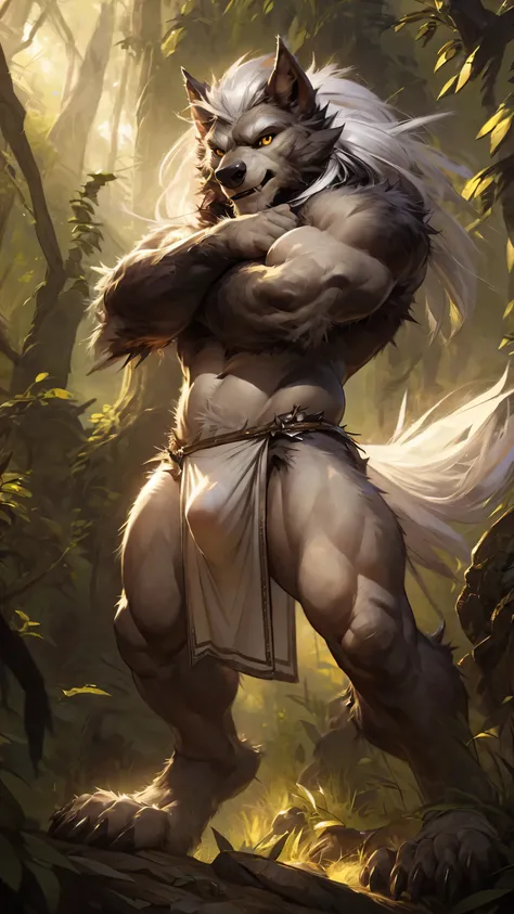 ultra-detailed, masterpiece, masterwork, high quality, best quality, hdr, posted on e621, (by darkgem), (nature), nsfw, male, solo, chibi, (little body werewolf), werewolf, (long silver hair, yellow eyes, white body, cross your arms), standing, dynamic ang...