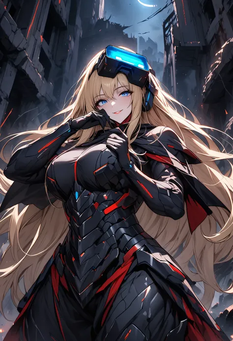 solo, female, huge woman, extremely tall woman, blue eyes, blonde, long hair, black uniform, ((black armor)), black cape, gold trim, red trim, muscular, ruins, smile, one hand on face, yandere pose, baggy breeches, broad shoulders, night, looking at viewer...