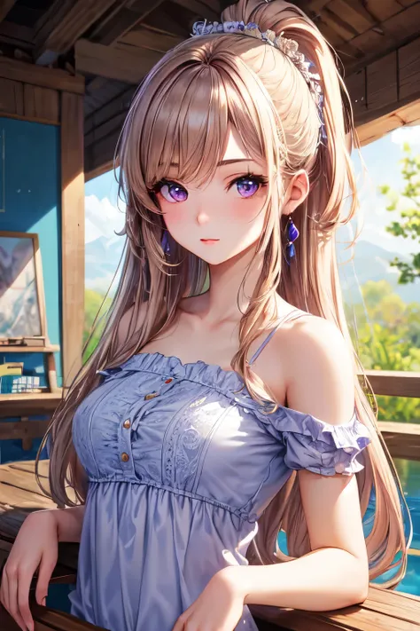 ((best quality)), ((masterpiece)), (detailed), girl, 19 years old, shoulder free top, pale purple eye color, caramel colored long hair, elegant