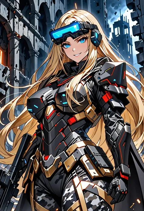 solo, female, huge woman, extremely tall woman, blue eyes, blonde, long hair, black uniform, ((black armor)), black cape, gold trim, red trim, muscular, ruins, smile, baggy breeches, broad shoulders, night, looking at viewer, futuristic, head-mounted displ...