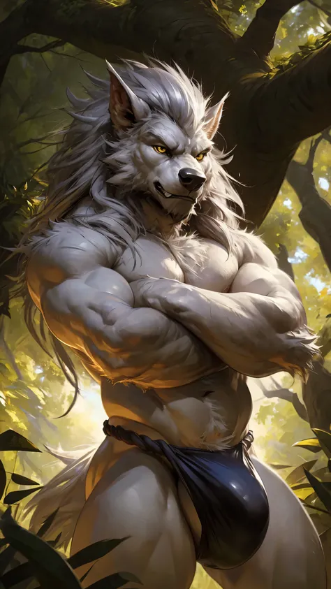 ultra-detailed, masterpiece, masterwork, high quality, best quality, hdr, posted on e621, (by darkgem), (nature), nsfw, male, solo, (little body werewolf), werewolf, (long silver hair, yellow eyes, white body! cross your arms), standing, dynamic angle, (bu...