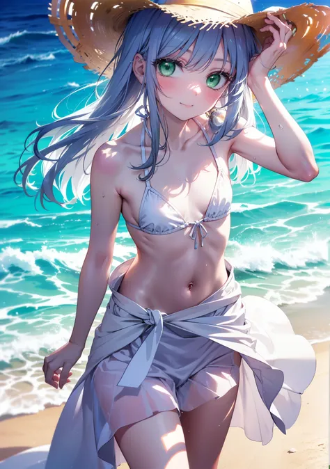 index, index, (green eyes:1.5), silver hair, long hair, (flat chest:1.2),happy smile,blush,straw hat,white string bikini swimsui...