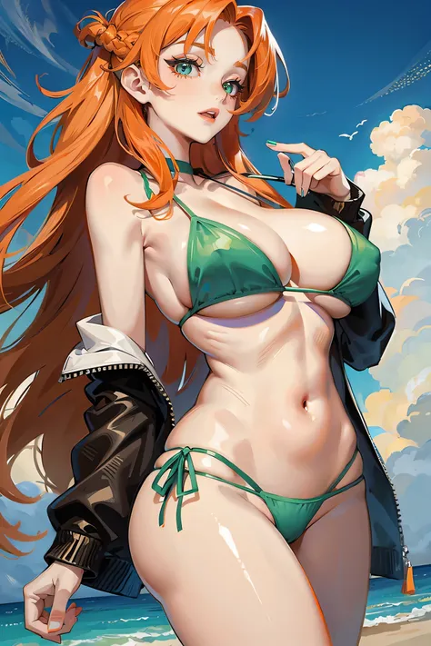 long orange hair, green eyes, large cleavage, sexy, bikini, curvy