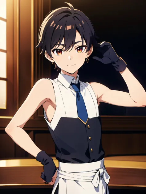 Highres, Masterpiece, Best quality at best,Best Quality,hight quality, hight detailed, Anime style, 1boy, Boy, Shota, Solo person, young boy, Sleeveless vest, bare shoulder, Tie, gloves, Choker, Casino, Waiter, night day, Slim body, smile, earring, Body, S...