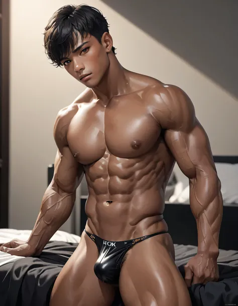 high quality, detailed, Realistic,(two 17 years old tanned japanese body builder boys), (detailed black eyes), (black short hair:1.1), (muscle), (tanned dark brown skin), night bedroom, (black tiny thong), (bulge), (detailed nipples), detailed areola,best ...