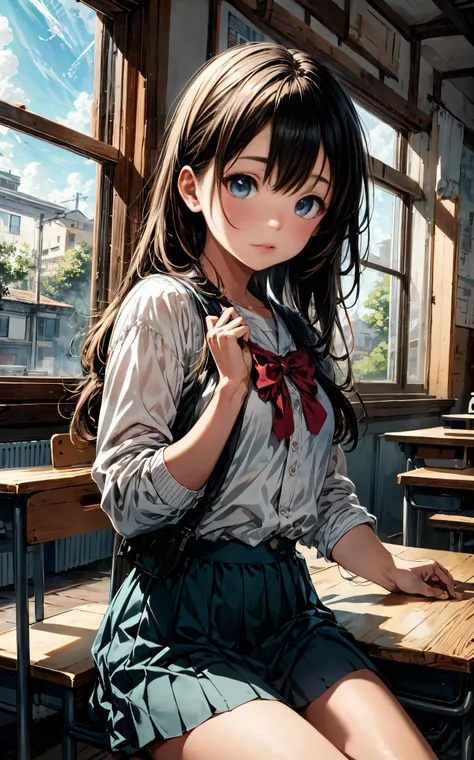 Nodokaharamura, delivered by haramura, blue eyes, hair bow, by the wide, pink hair, bow, BREAK blue Skirt, Kiyosumi , pleated Skirt, , serafín, Skirt, REST looking at the viewer, REST inside, classroom, BREAK (masterpiece:1.2), Best Quality, High resolutio...