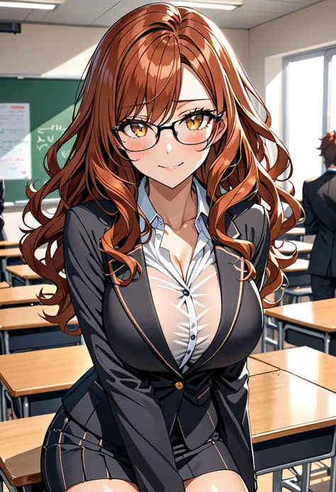 solo, female, wavy hair, thick hair, auburn hair, golden eyes, huge breasts, teacher, short skirt, thin-rimmed glasses, shy smile, blush, classroom, suit, blazer, close up