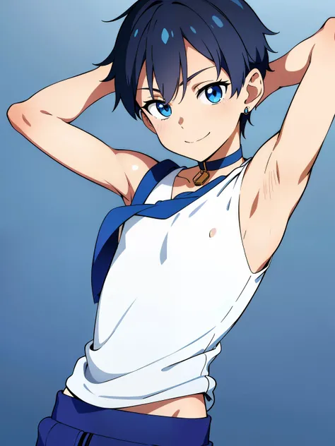 Highres, Masterpiece, Best quality at best,Best Quality,hight quality, hight detailed, Anime style, 1boy, Boy, Shota, Solo person, young boy, Sleeveless uniform, bare shoulder, Tie, Choker, School, day, Slim body, smile, earring, Body, Simple beckground, S...