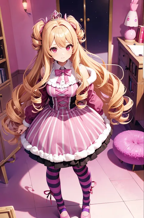 Idol-like animated character Red eyes, slightly drooping eyes, cute expression, shy High quality Dark red,Fur bolero,Jacket Fluffy fur bolero Enji-colored dress skirt Voluminous blonde hair twin dr Strong curly hair Curly hair Large pink ribbon in hair Pur...