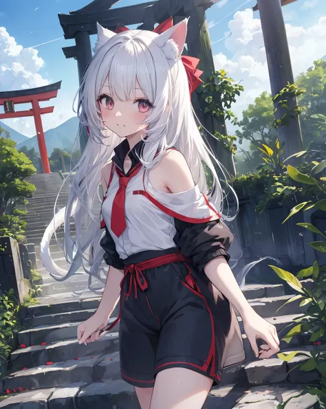 (Highest quality, Masterpiece: 1.2), (Solo), Anime coloring book, 4K quality, hdr, ultra vibrant colors, detailed 
SUBJECT
(((1woman))), White hair, cat ears, cat tail, neko ears, neko tail, little grinning happy smile.she has 28 years old.
CLOTHES
Red Rib...