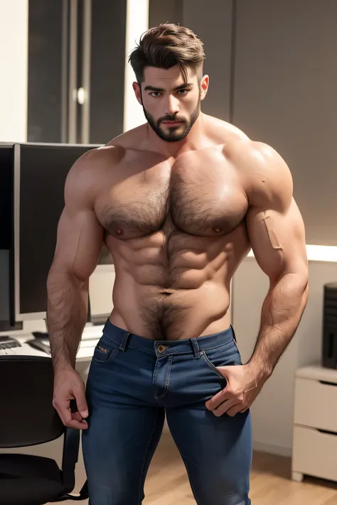 a handsome hot and sexy man, full body, muscle body, shortly hair, 35 years, with a big large and erect penis, erotic, hairy, in a modern office, extremely detailed face, hyper detailed, realistic, photorealistic, 8k, high quality, studio lighting, detaile...