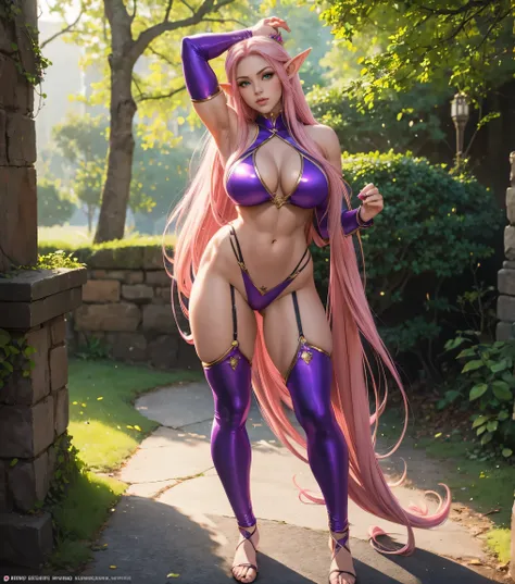 Beautiful sexy elf girl, she has long pink hair and green eyes, revealing purple outfit full body portrait photography by artgerm, no estilo do realismo, shining skin, cartooncore, mangacore, natural lighting, Defined full lips. Muscular fitness female bod...