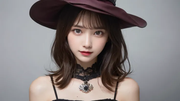 white background, half body portrait, bust shot, one girl, (a beauty girl, delicate girl:1.3), (20 years old:1.3), break, (witch costume, Witch hat, Witch clothes), break, (gates of hell:1.2), break, very fine eyes, (symmetrical eyes:1.3), break, small bre...