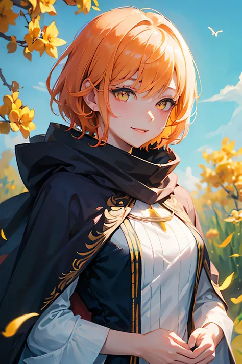 A beautiful adult woman wearing a cloak、Orange short hair and yellow eyes、Strong smile、Face close-up、Blue swallowtail butterfly flapping background