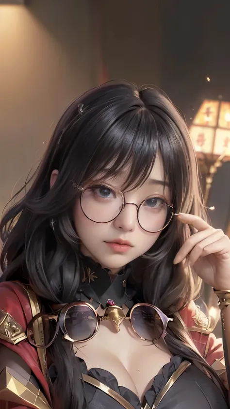 Chinese women, heavy Compensate, Brave and cheeky, Violet eyes, Black shawl long hair, ((((Huge glasses, Nerd Glasses, Thick glasses, Round Glasses))))、 Magnificent golden armor, Sculptures of medieval armor, Golden red phoenix cloak, Headdress with gold w...