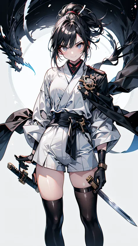 Adult features　Short Ponytail　length, Narrow eyes　smile　Glare　frivolous attitude　Japanese Clothing　White shirt　Black hot pants　Black long gloves　Black knee socks　Please put your hands on your hips　Japan Hold the sword to your waist　Cape　mechanized japanese...