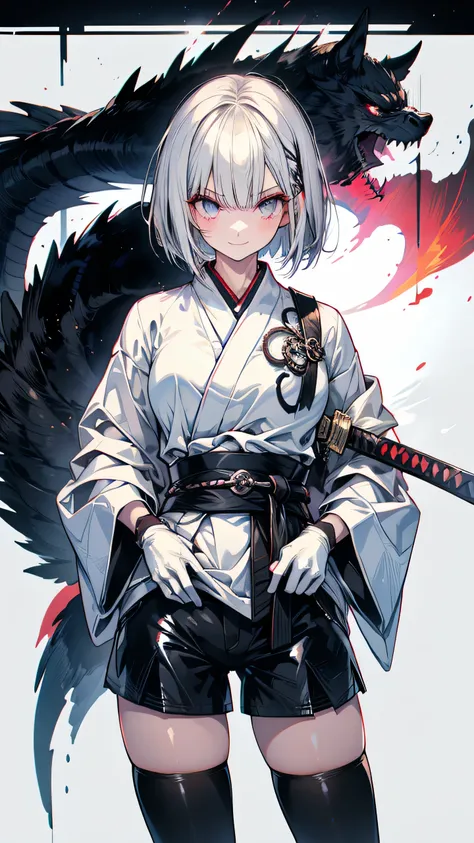 Adult women　Bobcut　Silver Hair　tall　Narrow eyes　smile　Glare　frivolous attitude　Japanese Clothing　White shirt　Black hot pants　Black long gloves　Black knee socks　Keep your hands on your hips　Japan Hold the sword to your waist　mechanized japanese castle