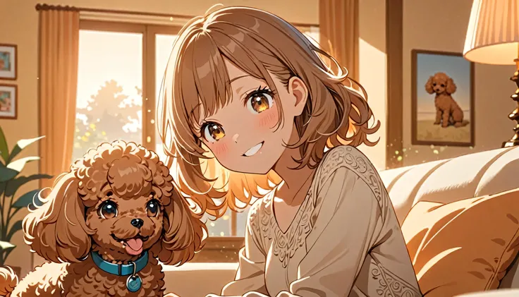 A smiling girl playing with her toy poodle in the living room, detailed facial features, cute pet, comfortable home setting, beautifully rendered, animetic, soft lighting, warm color palette, intricate details, high definition, masterpiece