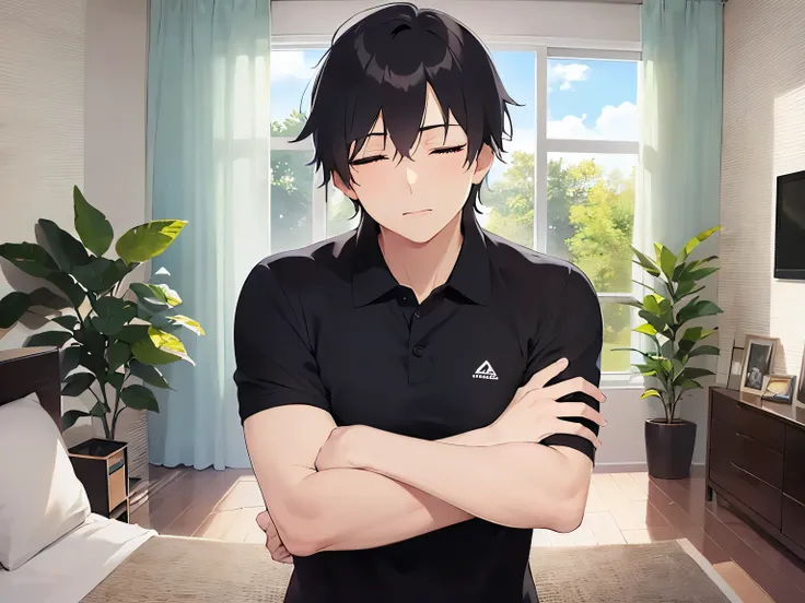 shiny skin,masterpiece,Highest quality,(27-year-old male:1.5),BREAK(Black short hair) and (Purple eyes)BREAK,(Black polo shirt:1.5),(closed eyes:1.5),(blush),(hand on own head:1.5),(Biologically correct５Finger),The background is the living room,(Alone:1.5)