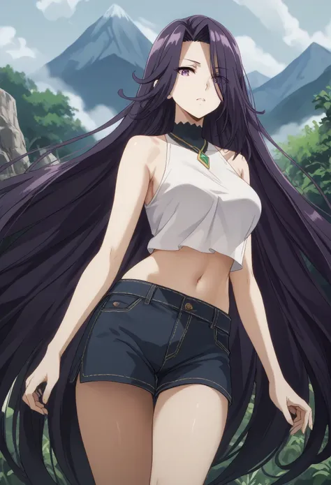 aurora,tall woman, long hair, purple hair, very long hair, purple eyes,shorts,top-tank,navel,midriff
