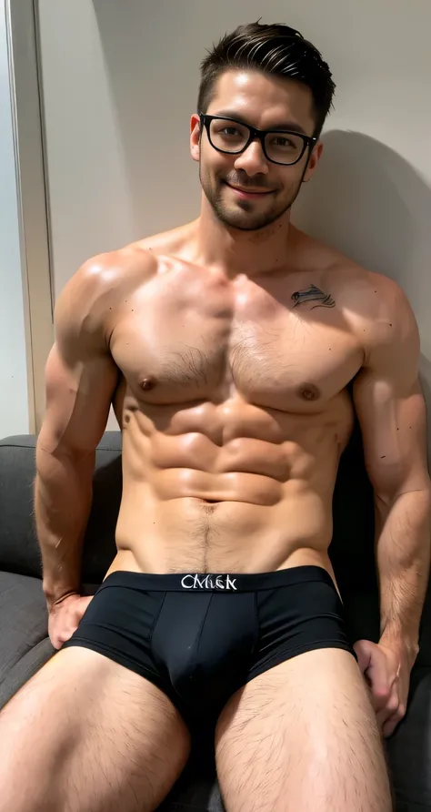  natural male、30 years old、male、Japanese、very handsome、abs、Pectoral muscle、ck black-underwear、sexy pose、body hair、full-length picture,wearing glasses