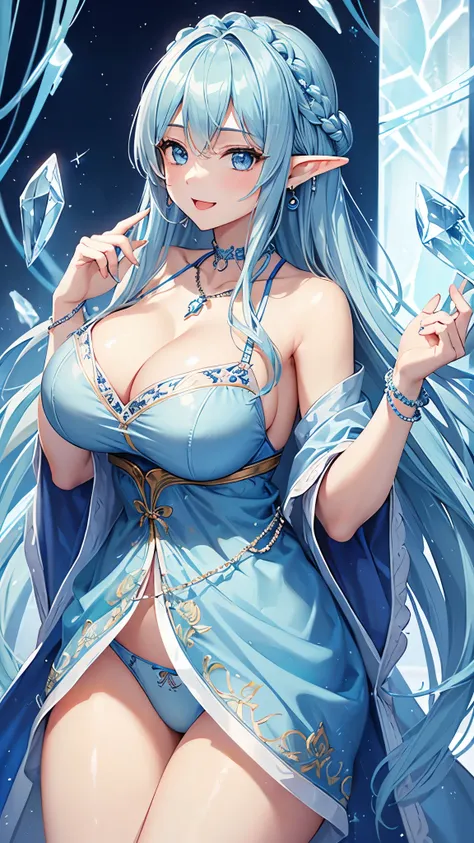 Highest quality、Highest quality、masterpiece、(8k resolution),beauty(Age 25)、(Mature Appearance)、Light blue long hair(Braiding of the sides)、blue eyes、(Light blue underwear with detailed embroidery)、(Elf)、Big cleavage、((Very large breasts))、smile、blue neckla...