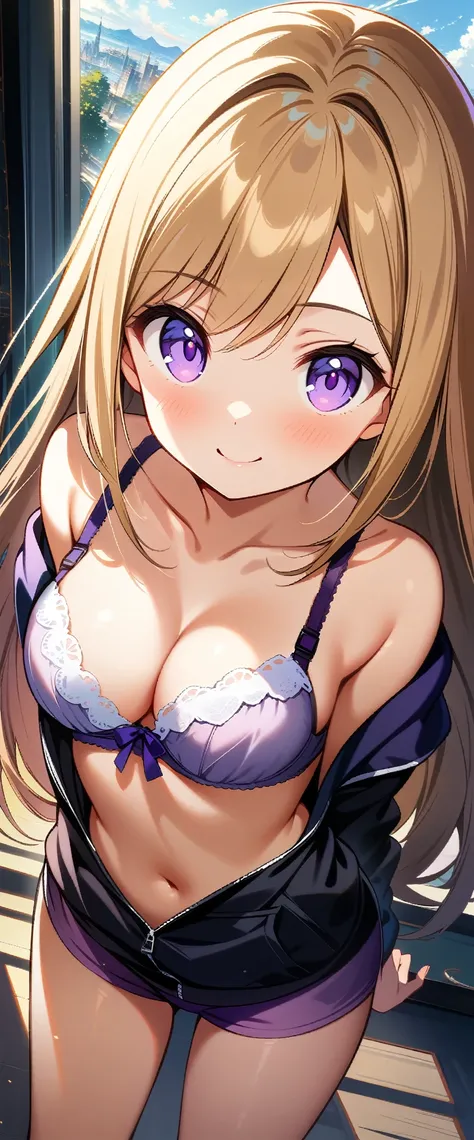 1 girl, 15 years old, stand, long hair, golden hair, purple eyes, (Cute underwear), (cute bra), (happy), cowboy shot, (medium breasts), (cleavage), ((looking at viewer)), ((32K)), ((best quality)), ((ultra high res)), ((HDR)), ((uhd)), ((extremely detailed...