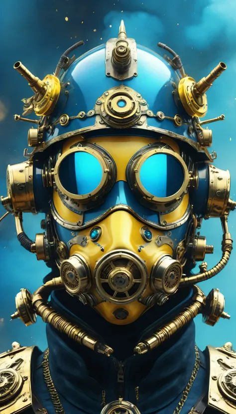 Steampunk face masked, helmet, vaporpunk, future vintage, close view, 3/4 view, backgroung with weapons and ammunition, ornaments, male, blue and yellow artwork, 4d, 8k, high tech