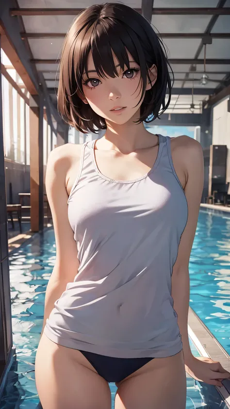 (Best Quality,4K,8K,hight resolution,masutepiece:1.2), Ultra-detailed, (Realistic,photoRealistic,photo-Realistic:1.37),((very short hair)), beautiful girl, blush,(swimming wear),Beautiful detailed eyes, Beautiful detailed lips, extremely detailed eye and f...