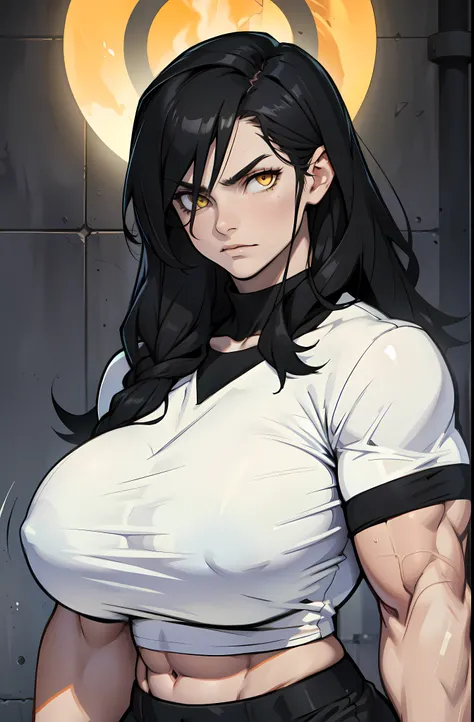 ((1 girl)), extremely long hair, solo, ((muscular)), veins, black hair, yellow eyes, pale skin, strong, veins, abs, (huge breasts), sulking tight shirt