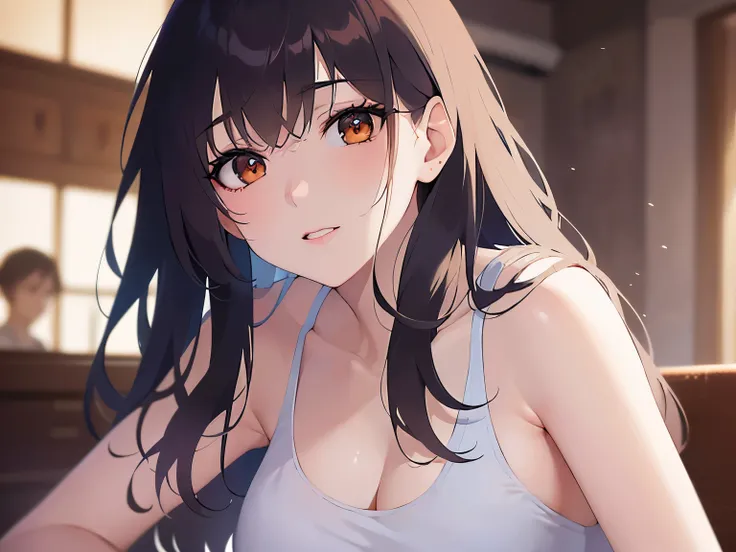 Detailed CG,Ultra-fine illustrations,masterpiece,Highest quality,BREAK(white:1.5)and(Tank top)and(Shorts)BREAK,Realistic,Real person,RAW Photos,Realistic(Pale skin:1.2),Glowing Skin,Shiny Hair,(A 26-year-old woman with medium-length hair and bangs)and(Wavy...