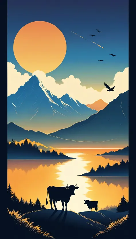 a captivating t-shirt illustration featuring a serene sunrise over a mountain range. the scene should be portrayed in a minimali...