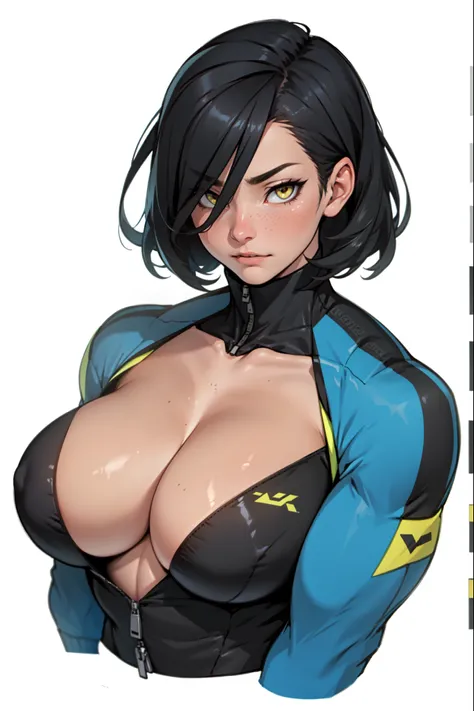 perfect female anatomy muscular girl huge breasts empty eyes embarrassed black hair yellow eyes pale skin perfect female anatomy