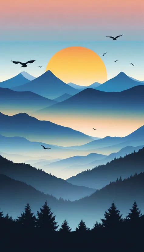 a captivating t-shirt illustration featuring a serene sunrise over a mountain range. The scene should be portrayed in a minimalist style, using only a contrast of color to create a striking visual effect. Imagine the sun peeking over the horizon, casting i...