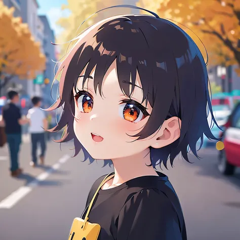 Side shot、With arms outstretched、
、masterpiece、Highest quality、 (Short hair with brown bangs) and (Orange eyes) and (5 year old boy:1.5)、Boy,
（Black long sleeve shirt）、
smile, The background is a park、The upper body is shown、Alone、