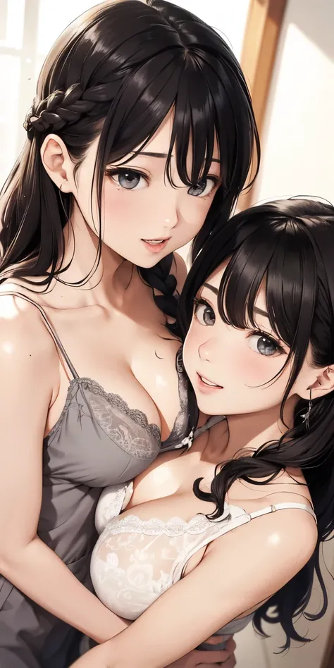 My breasts are wet with milk、Climax face、Wavy and braided hair、Cute face depiction、Realistically、(Two 26-year-old women hugging each other)、Wearing a grey and yellow lace camisole，，Big Breasts，Accentuate your cleavage，Looking up from below，blush，moist pink...