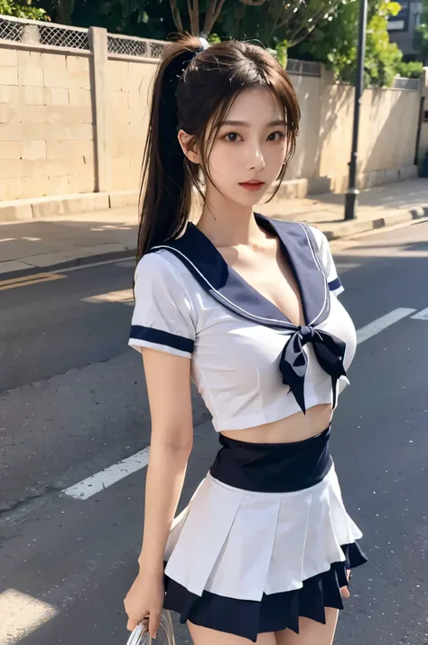 (Ultra HD), (Sailor suit:1.6, White short sleeve shirt, Navy blue mini skirt), (Big Breasts:1.4), slender, Narrow waist, whole body, Standing posture, (Clean and shiny skin, Whitening, No makeup), (Super slim face, Super beautiful face), (Light Brown Ponyt...