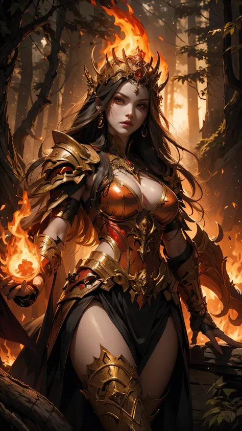 a woman in armor with a sword and fire in her hand, she has fire powers, a very beautiful berserker woman, appears as the goddess of fire., fire wizard, fantasy woman, evil fire sorceress in the forest, The flames surround her, diablo 4 queen, epic fantasy...