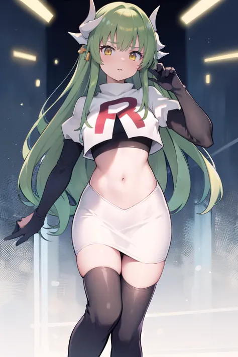 1girl, solo, aakiyo, long hair, green hair, white horns, hair ornament, yellow eyes, looking at viewer, team rocket,team rocket ...