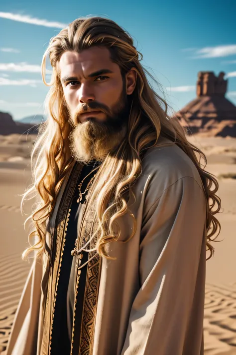 1 male viking, long blond hair, rough beard, wearing a caftan, ugly face, 25 years old, desert background, absurdres, high res, ...