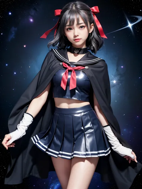 (((Gray Ash Hair、黒色ribbon)))、(((A 14-year-old Japanese girl wearing a shiny short-sleeved sailor uniform with elbow gloves and a cloak over it.,smile)))、(((Grey latex sailor collar)))、(((Grey latex pleated skirt)))、choker、Earrings、ribbon、((belly button))、 ...