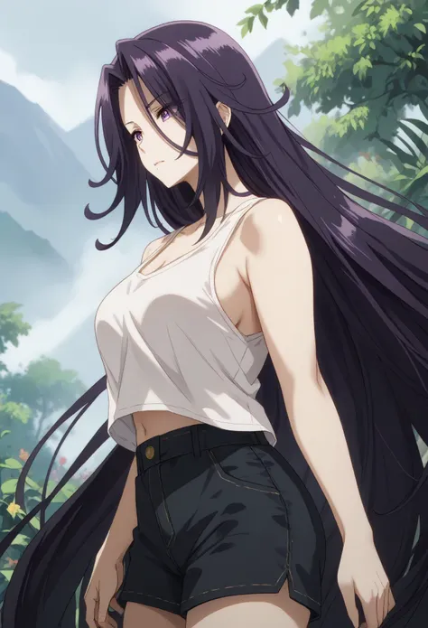 aurora,tall woman, long hair, purple hair, very long hair, purple eyes,white tank top,black shorts