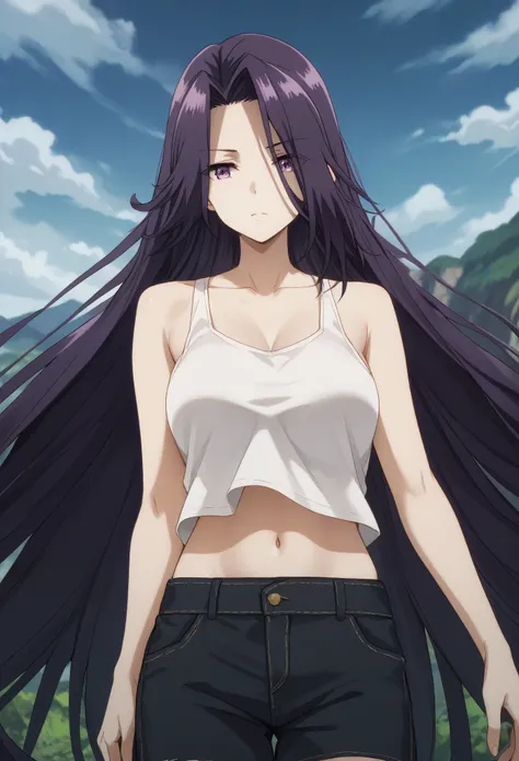 aurora,tall woman, long hair, purple hair, very long hair, purple eyes,white tank top,midriff,navel,black shorts