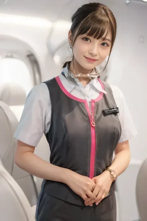 (masterpiece:1.2, Highest quality:1.2), 32k HDR, High resolution, (alone、1 girl)、(On the roof of a building、Professional Lighting)、daytime background、(Realistic style of JR Gran Class crew uniform)、Short sleeve blouse、a scarf around the neck、(JR Gran Class...