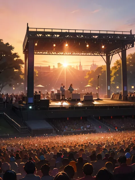 outdoor festival, Girl band singing in a very large park?Capture the entire stage,sunset