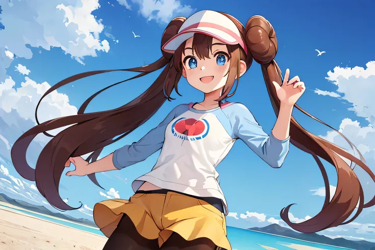 masterpiece, Highest quality, High resolution, B1 class, Hair Bun, blue eyes, Twin tails, Visor Cap, pantyhose, Raglan sleeves, Yellow shorts, shirt, Pink Ribbon, clock, whole body, Are standing, Cowboy Shot, Field, monster Ball (Basic), smile,smile,The fl...