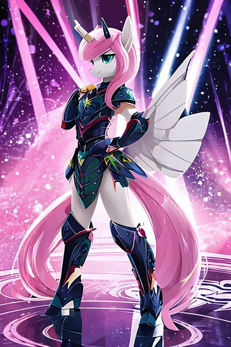 my little pony style, sheet, full body, side view, elegant, kind eyes, armor, curved horn, long legs, slender