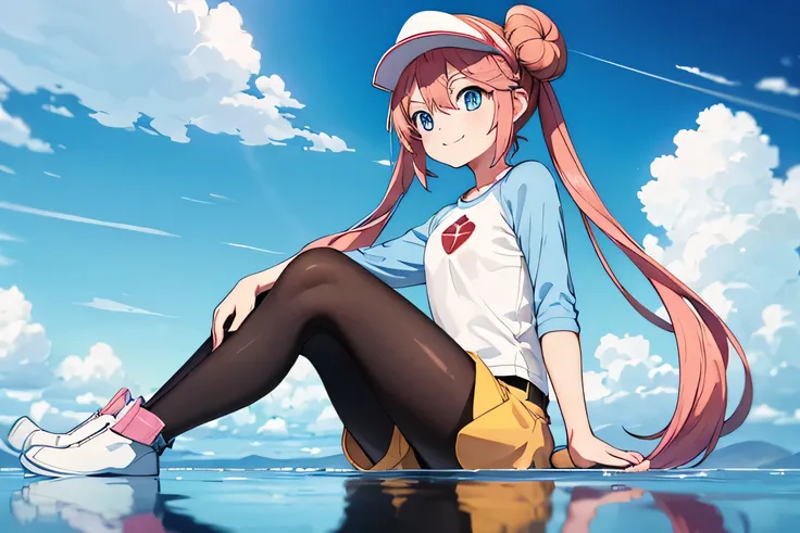 masterpiece, Highest quality, High resolution, B1 class, Hair Bun, blue eyes, Twin tails, Visor Cap, pantyhose, Raglan sleeves, Yellow shorts, shirt, Pink Ribbon, clock, whole body, Sitting, sitting on the water, Holding my knees,From the side,Long Shot, s...